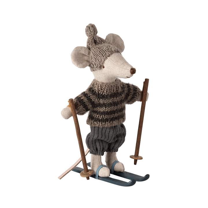 Maileg Winter Mouse with Ski Set Big Brother, Grey Dolls Maileg   