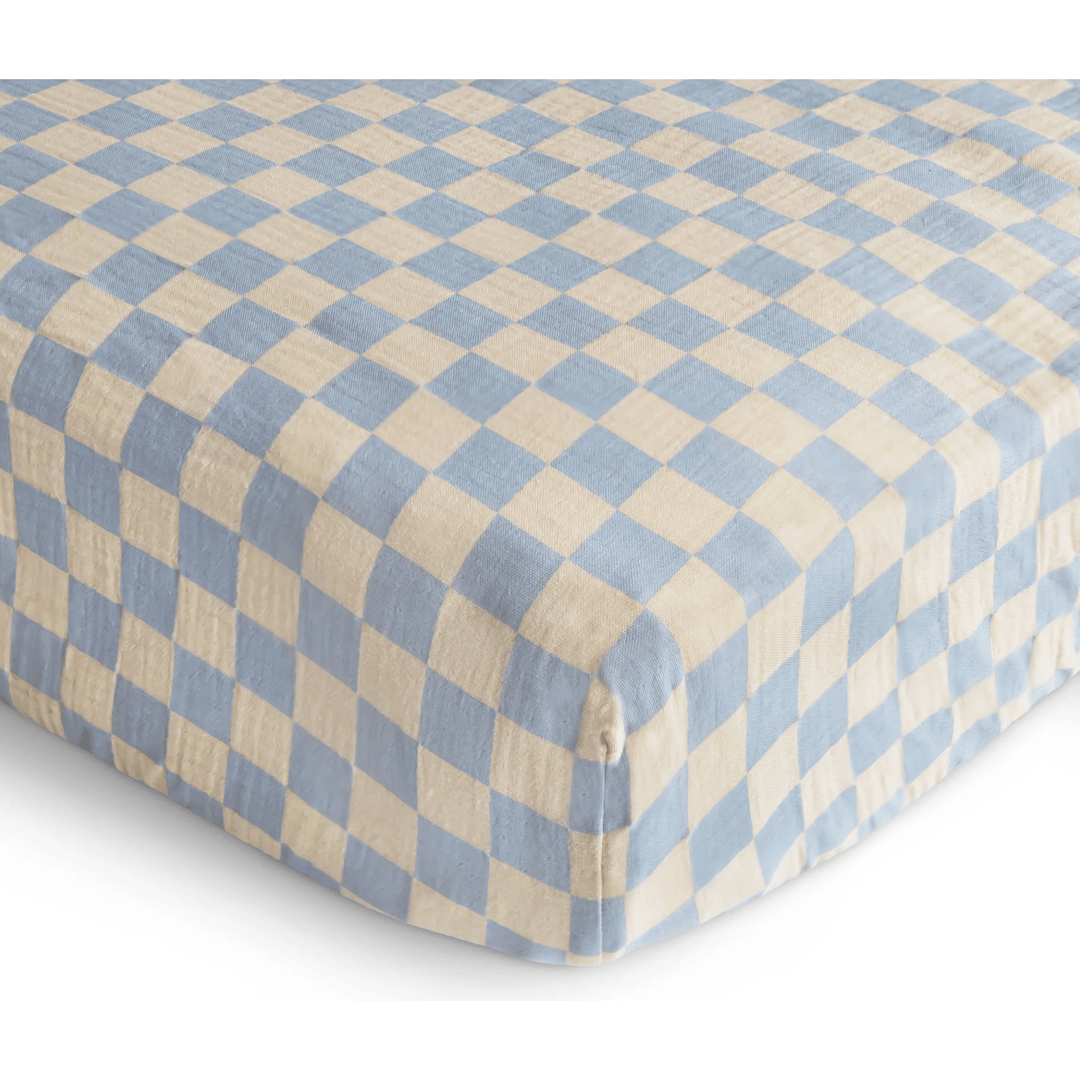 Mushie Extra Soft Muslin Crib Sheet Baby Bedding Mushie Blue Check  