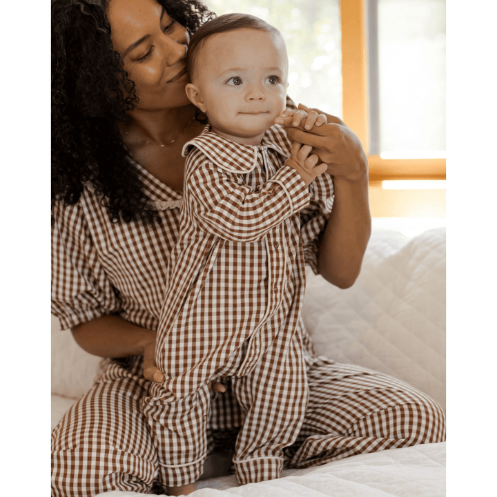 Rylee + Cru Baby Pajama Romper- Brick Gingham Pajamas Rylee + Cru   