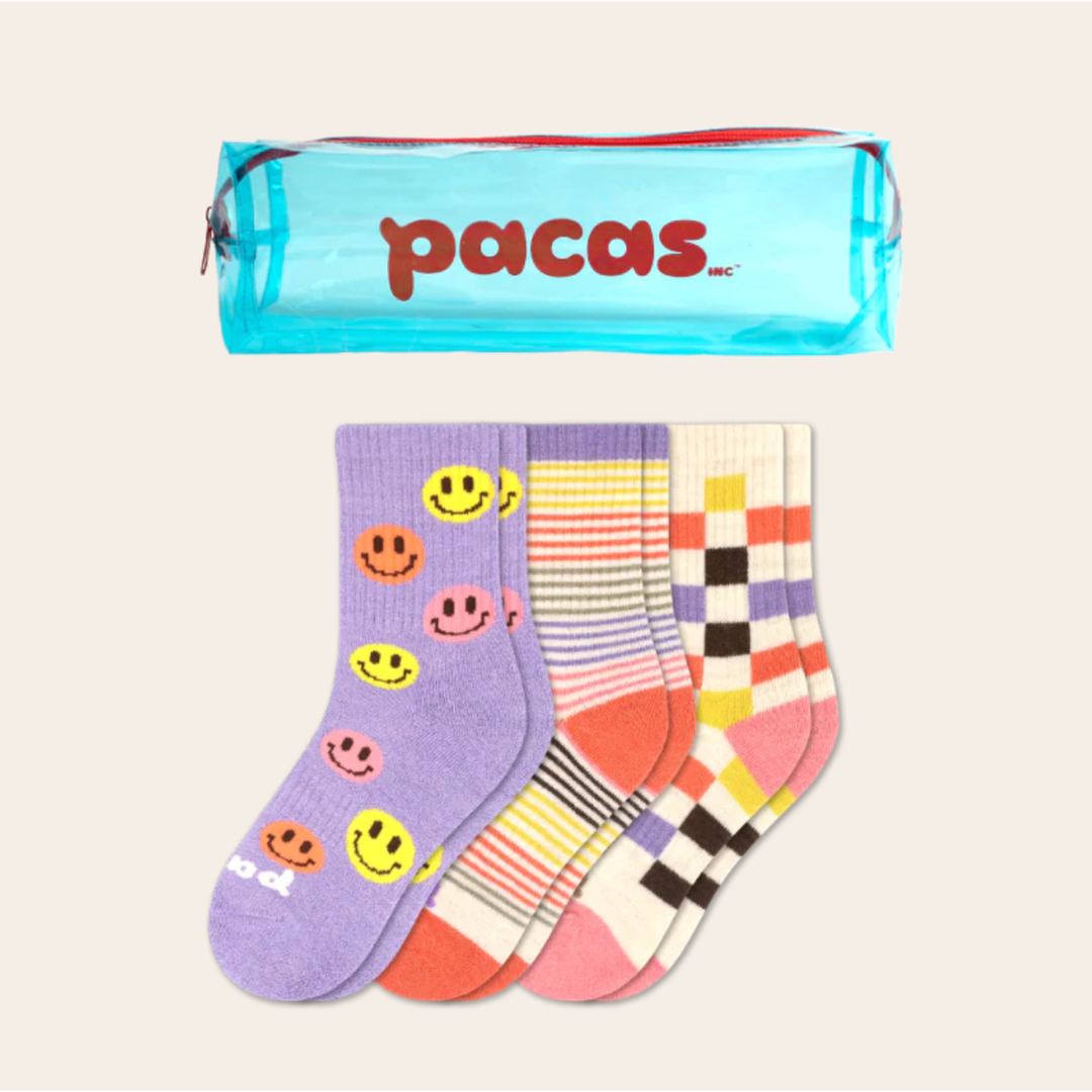 Pacas Kids' Crew Socks 3 Pack- Smiley/Stripe/Check Socks Pacas