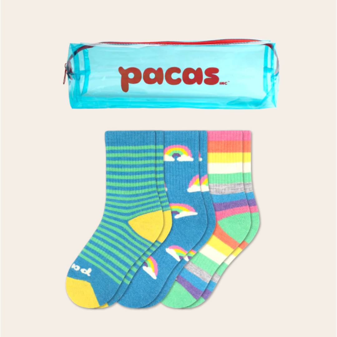 Pacas Kids' Crew Socks 3 Pack- Stripes & Rainbows Socks Pacas