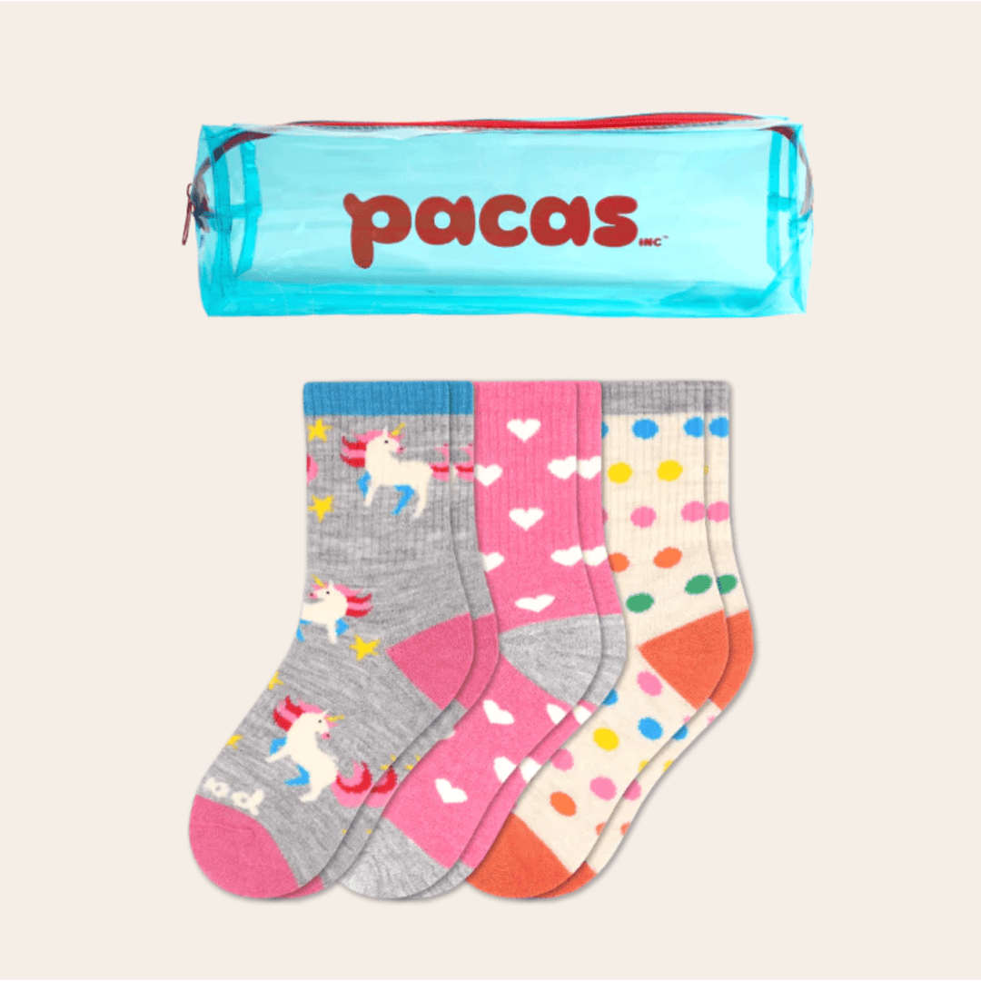 Pacas Kids' Crew Socks 3 Pack- Unicorn/Hearts/Dots Socks Pacas