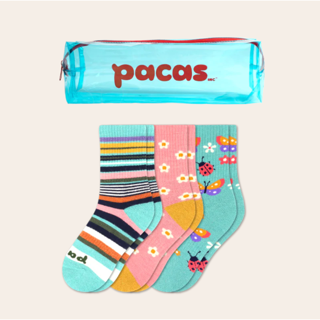 Pacas Kids' Crew Socks 3 Pack- Stripe/Daisies/Butterflies Socks Pacas