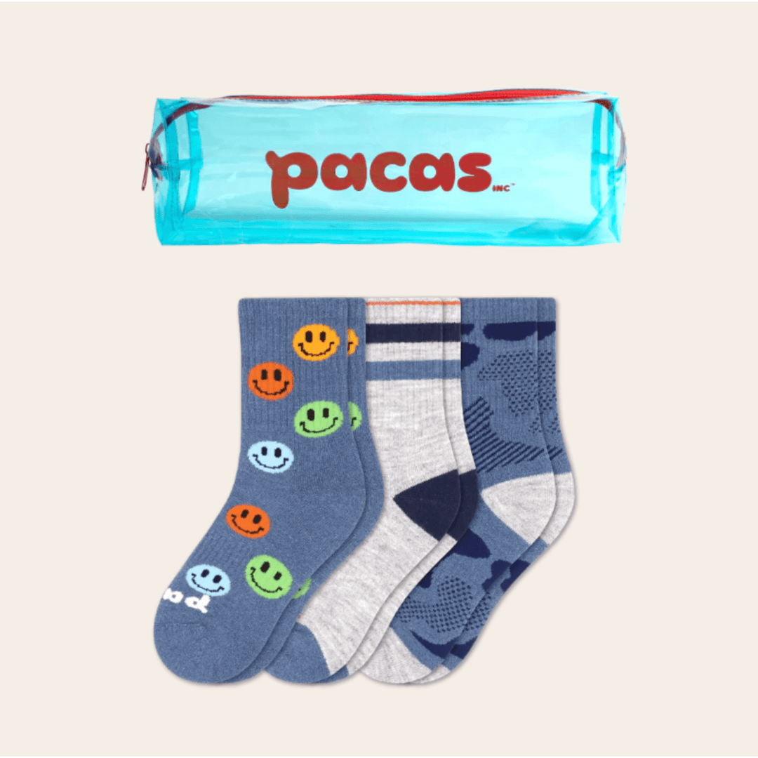 Pacas Kids' Crew Socks 3 Pack- Smiley/Double Stripe/Camo Socks Pacas