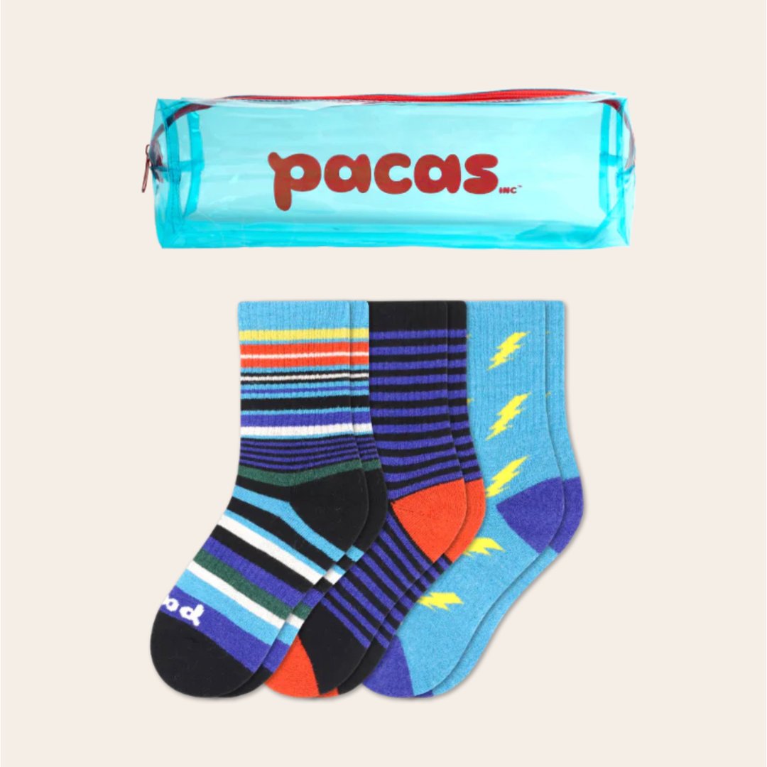 Pacas Kids' Crew Socks 3 Pack- Stripes/Lightning Socks Pacas