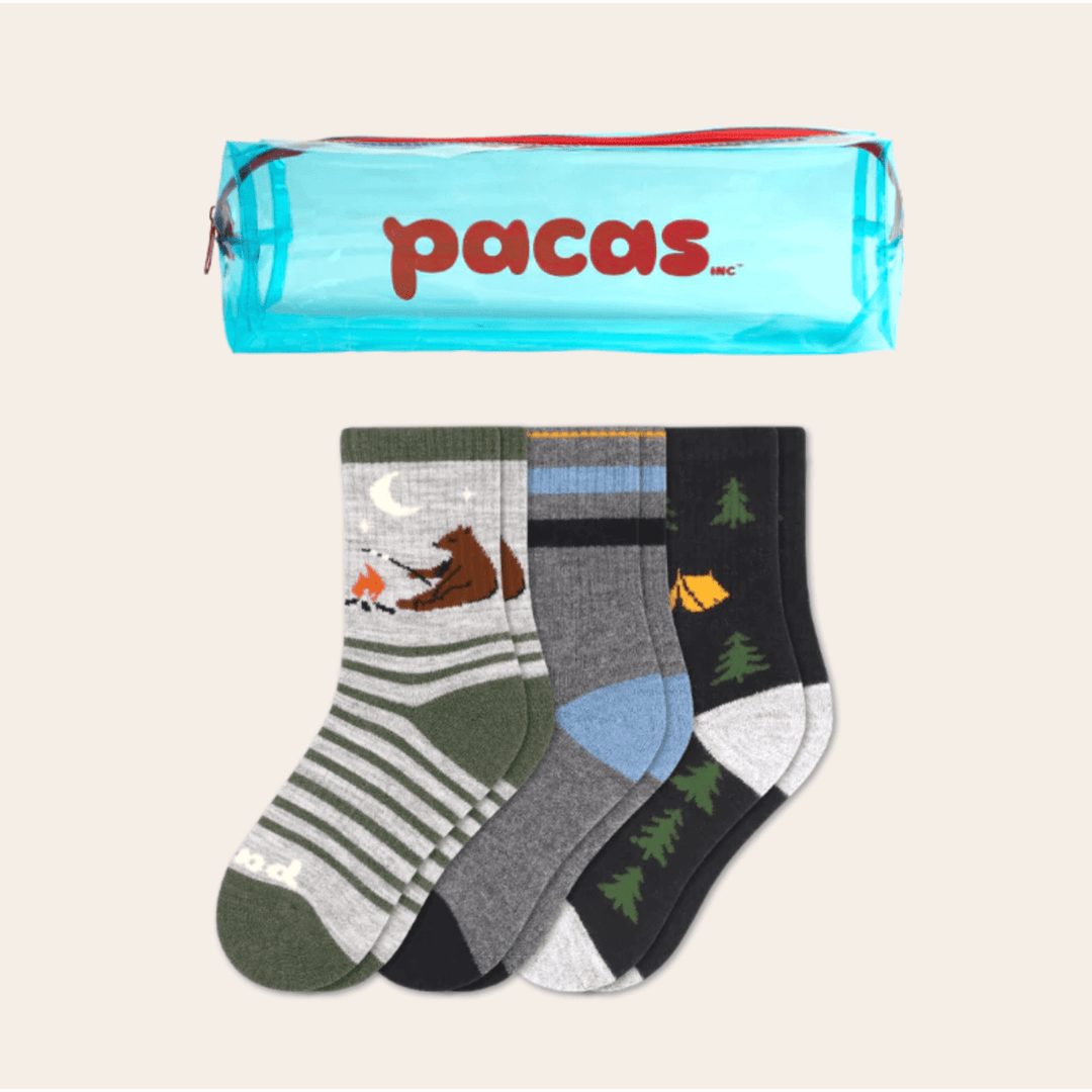 Pacas Kids' Crew Socks 3 Pack- Camping/Double Stripe/Trees Socks Pacas