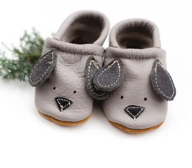 Starry Knight Cute Critter Leather Moccasin- Doggies Gray Baby Shoes Starry Knight Designs